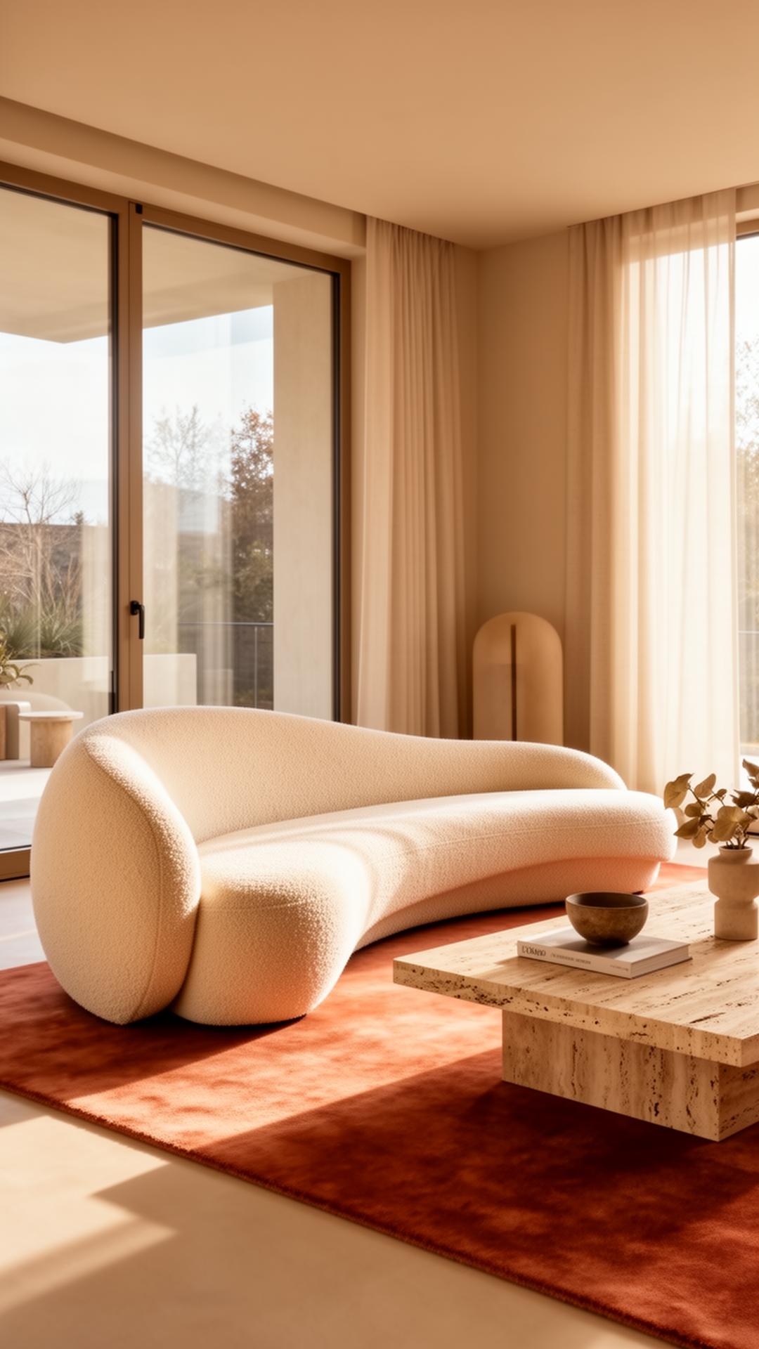Sala de estar con sofá escultórico en bouclé y mesa de travertino bañada por luz cálida