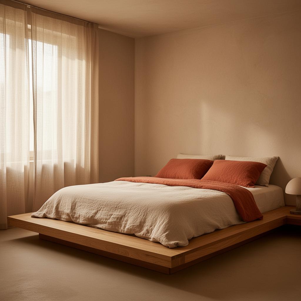 Dormitorio cálido con cama plataforma de roble y textiles de lino
